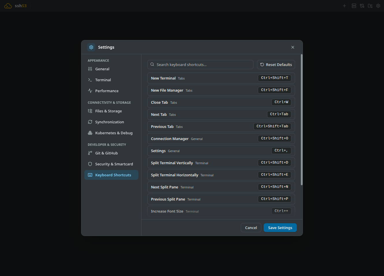 Shortcuts Settings