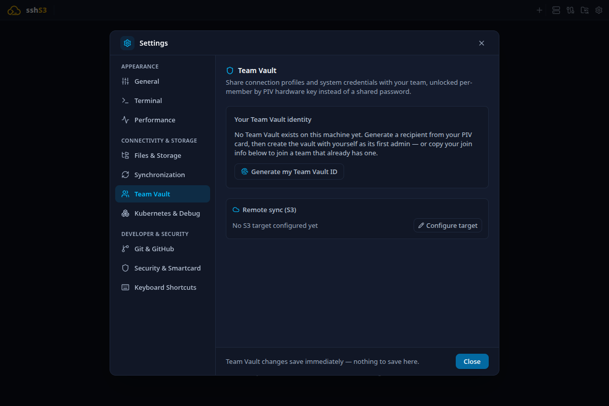 Team Vault settings page showing members, roles and remote S3 synchronization