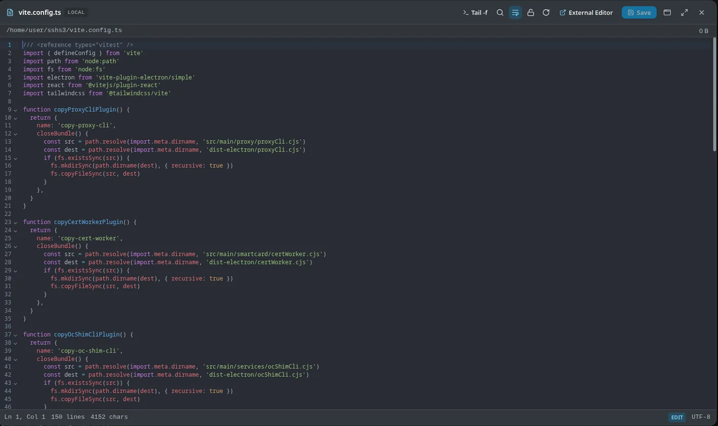 The built-in editor with a TypeScript file open, showing syntax highlighting, a Tail -f button, search and an External Editor button