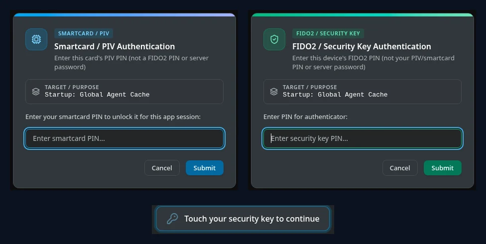 The smartcard PIN dialog, the FIDO2 PIN dialog, and the banner that says Touch your security key to continue