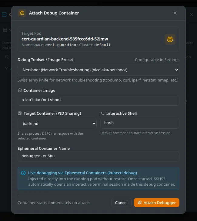Attach Debug Container dialog with the Netshoot preset selected