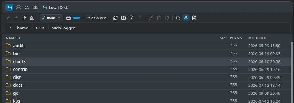 A local pane showing the current git branch, free disk space, search and preview buttons, and a folder listing with permissions and dates