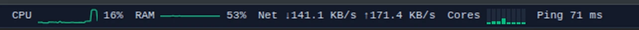 The performance bar: CPU 16%, RAM 53%, network throughput, cores and ping