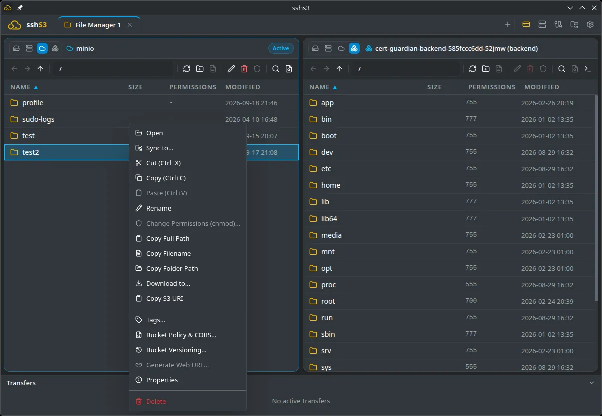 An S3 bucket next to a Kubernetes pod filesystem, with bucket policy, CORS and versioning in the context menu