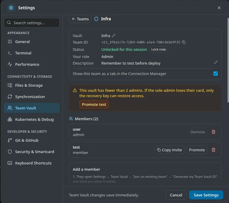 Team Vault settings for the Infra vault: unlocked status, a warning that it has fewer than two admins, and a member list with Demote, Copy invite, Promote and remove buttons