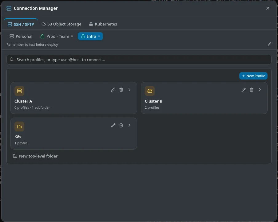 Connection Manager with Personal, Prod - Team and Infra tabs, and the Infra team folders Cluster A, Cluster B and K8s