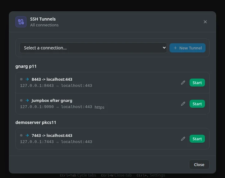 SSH Tunnels dialog listing saved forwards per connection